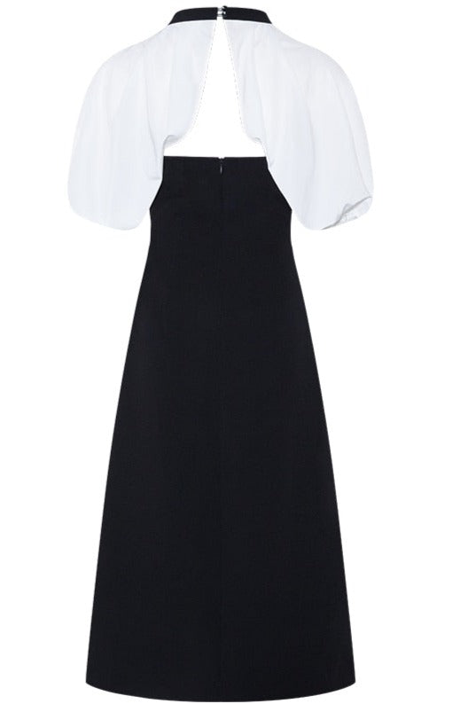 Elegant Black Midi Dress with White Puff Sleeves