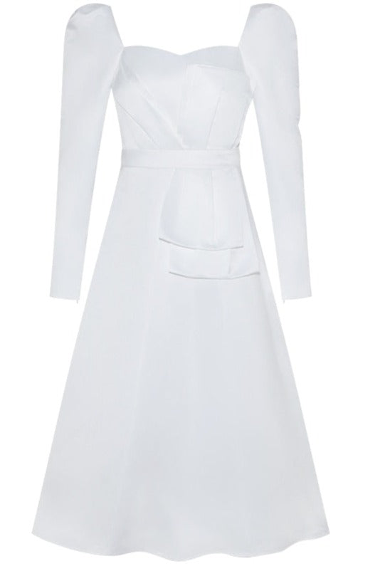 Elegant White Midi Dress with Full Sleeve- New