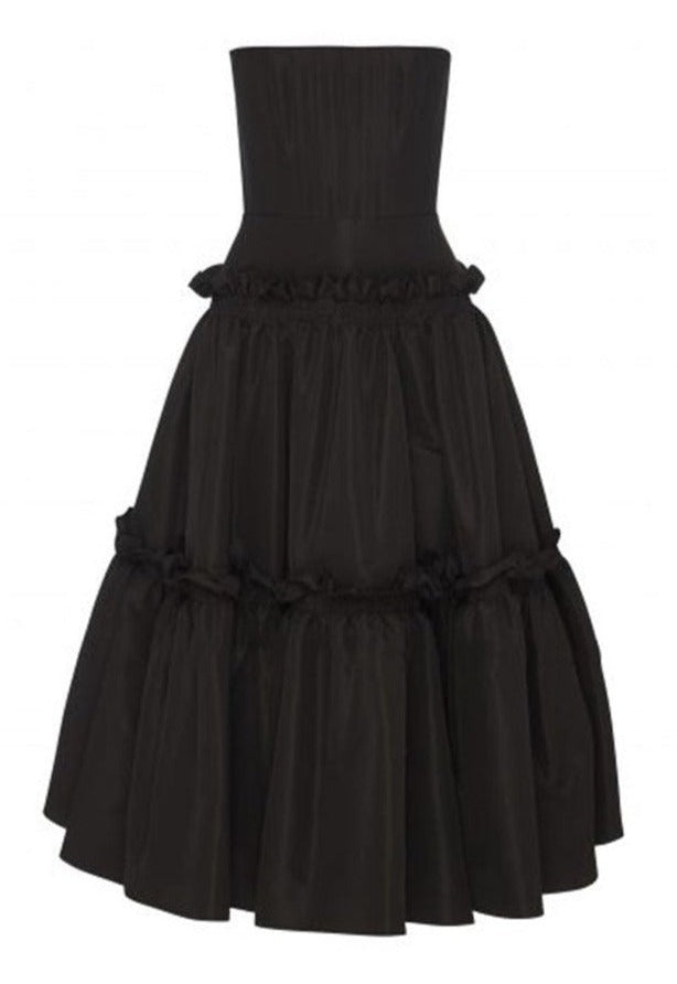 Black Elegant Ruffles Midi Dress- New